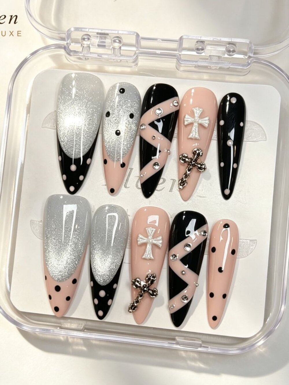 Gothic Y2K Long Stiletto Press On Nails Silver Cat Eye Cross Charm & polka dots